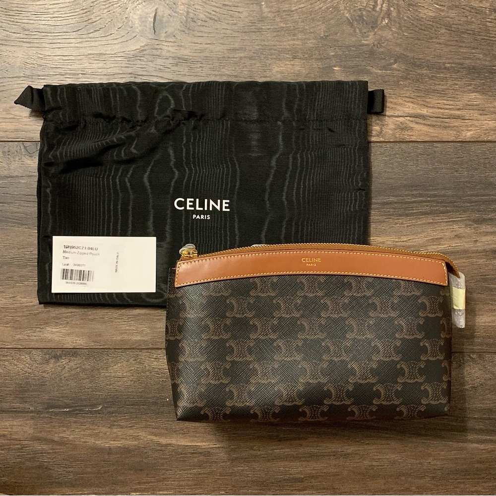 ❌SOLD❌ Celine Medium Zipped Cosmetic Pouch in Triomphe Canvas and Calfskin Tan